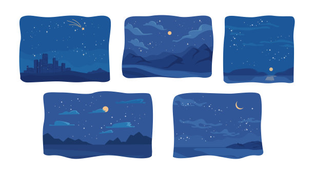乡村和城市景观星空布满天体、满月和云。山清水秀，公园自然风光旖旎。观测银河系和行星。平面样式的矢量图片下载