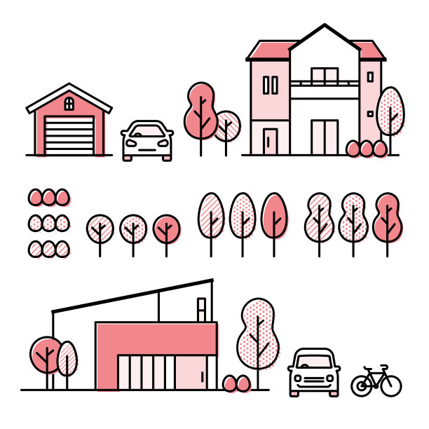 一套图标的郊区的房子，种植的树，汽车，自行车，和车库图片下载