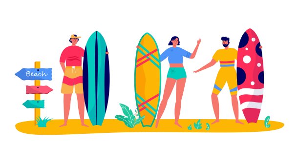 人们用冲浪板冲浪，旅行的概念。年轻女人，男人在海边度假，大海。夏季运动概念及户外休闲活动、步行。平面向量图片下载