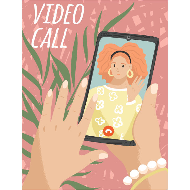 与朋友在移动屏幕矢量视频通话。女性用户手持智能手机进行视频会议。手机通讯app图片下载