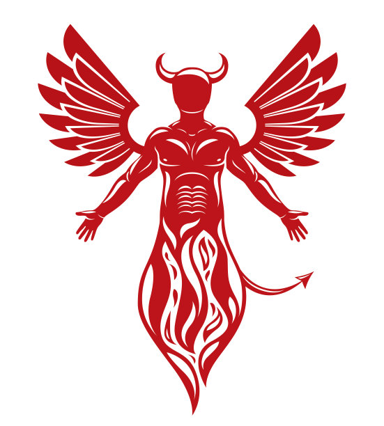 矢量个人，神秘的性格与翅膀，从火中出现。恶魔般的地狱生物，长角的邪恶的路西法。图片下载