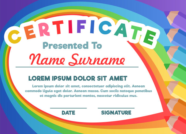 儿童证书的背景是彩色铅笔和彩虹。文凭、公告、荣誉证书、奖状模板。矢量图图片下载