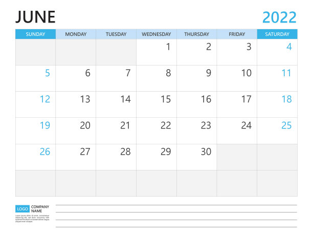 日历规划师2022模板，2022年6月，周从周日开始，台历2022设计，简洁利落设计，挂历，矢量企业设计规划师模板图片下载