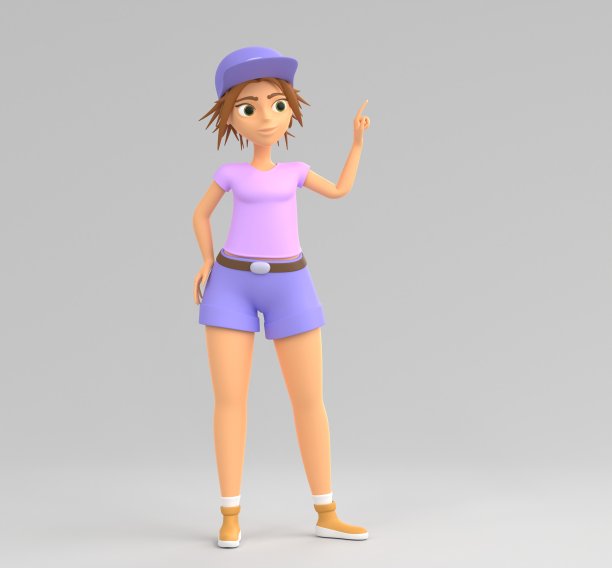 年轻女子举起食指，3d渲染。十几岁的女孩短发，戴着紫色帽子，穿着短裤指着什么，指示方向。可爱的女游客卡通插图图片下载