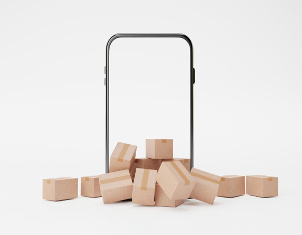 用3d渲染插图堆垛纸盒、智能手机网购、电子商务概念的黑屏显示器。图片下载