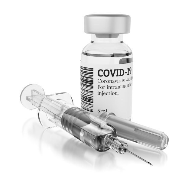 COVID-19疫苗装在玻璃瓶中，白色。3 d渲染。图片下载