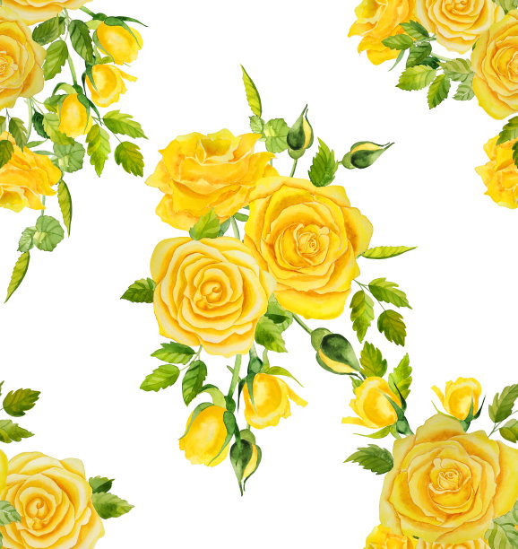 黄色水彩玫瑰和树叶无缝图案。植物花的背景。用于布料和墙纸。浪漫的夏季设计。图片下载