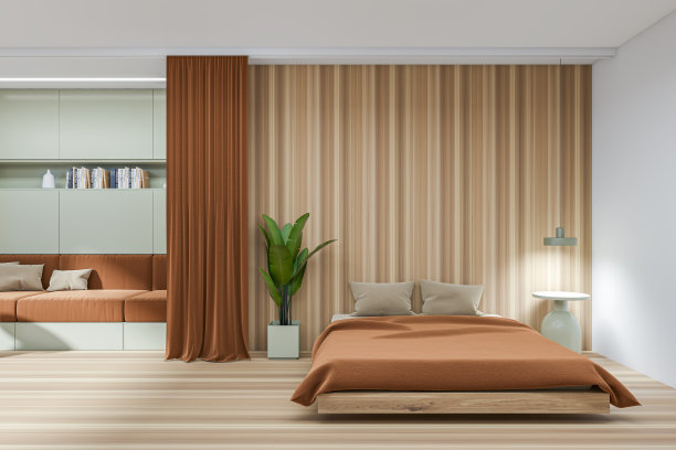 棕色卧室内部的前视图，床，沙发，床边图片下载