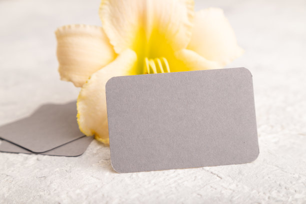 灰色纸名片模型与橙色的萱草花在灰色混凝土背景。侧视图，拷贝空间。图片下载