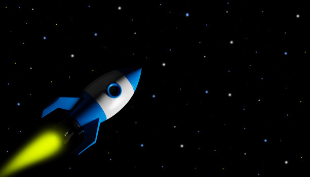 外太空的一个飞行火箭图标的3d渲染，为您的文本复制空间。数字图像说明。图片下载