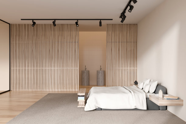 明亮的卧室内部，有床，水槽和床头柜图片下载