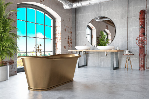 工业风格阁楼浴室，带金属浴缸图片下载