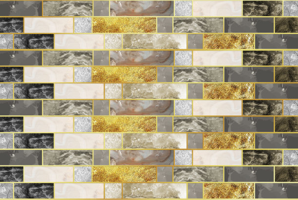 现代墙面装饰墙纸。3d抽象砖、金色线条、大理石、木制和棕色形状。图片下载