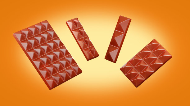 黄色背景的巧克力棒。一套牛奶巧克力。逼真的三角形巧克力切片，3d渲染。图片下载