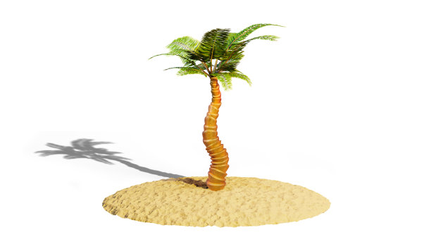 一颗椰子树在一个沙岛上，孤立在白色的背景。逼真的棕榈树，3d渲染图片下载