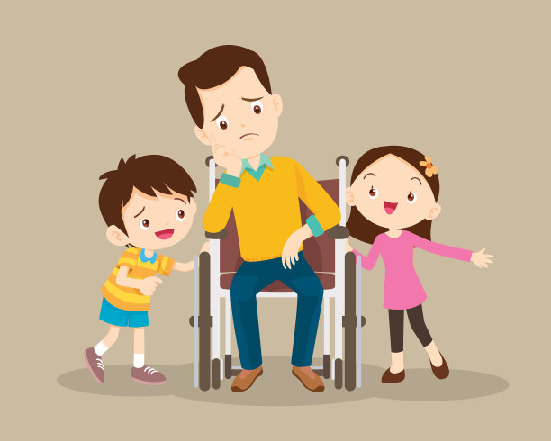 孩子安慰坐在轮椅上的父亲图片下载