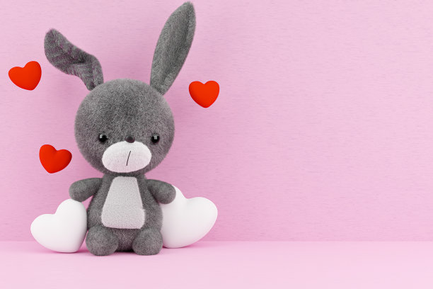 可爱的兔子玩具模型在粉色背景上的3d渲染插图。图片下载