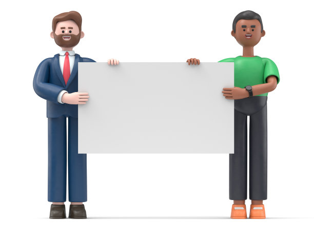 卡通人物的三维插图持有一个空白的白色标牌插入一个概念概念的形象。白色背景上的3D渲染。图片下载
