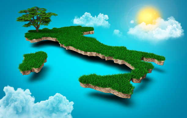 意大利地图，现实的意大利云的3D地图树阳光在明亮的蓝色天空的3D插图图片下载