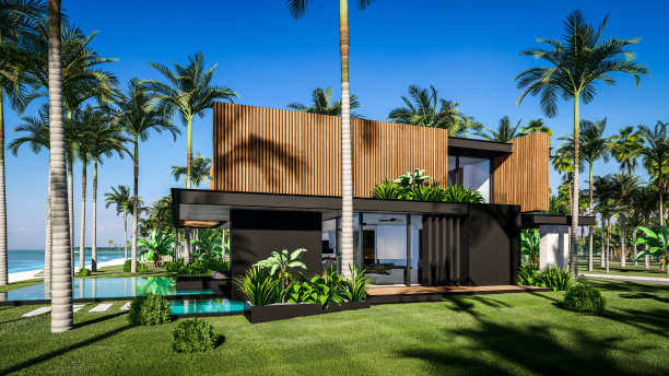 临海的现代住宅的3d渲染与木板立面图片下载