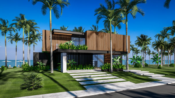 临海的现代住宅的3d渲染与木板立面图片下载