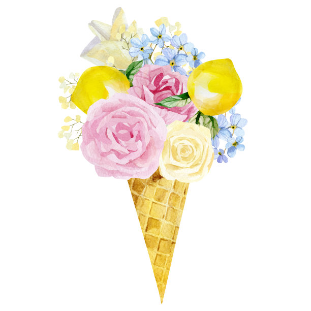 水彩冰淇淋在华夫饼蛋筒，玫瑰花，柠檬和野花。夏季插图印刷和贺卡。图片下载