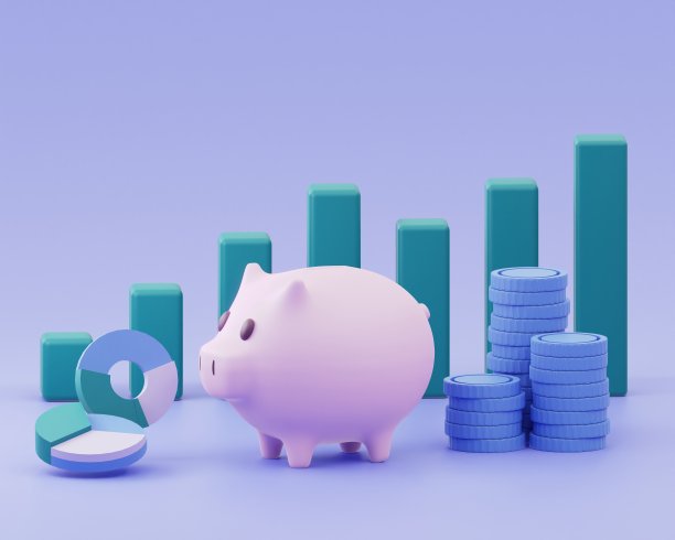 紫色背景上成长图的存钱罐和存钱罐。为未来做财务规划。3 d渲染。图片下载