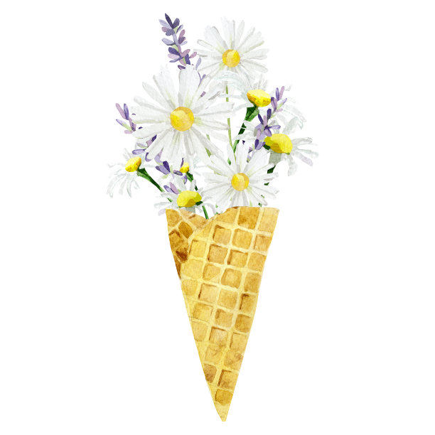 华夫饼筒里的水彩冰淇淋，有洋甘菊花，薰衣草，野花。夏季插图印刷和贺卡。图片下载