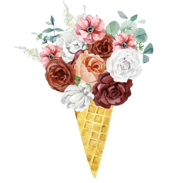 水彩冰淇淋放在华夫筒里，配上红玫瑰，白牡丹，桉树。秋季插图印刷和贺卡。图片下载