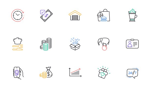 硬币袋，食品和拿铁咖啡系列图标的网站，印刷。为设计。向量图片下载