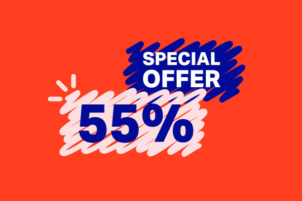 55%折扣销售折扣横幅形状模板。大减价百分之五十五特别优惠徽章图片下载