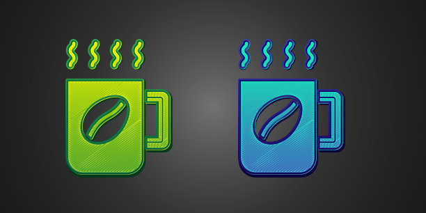 绿色和蓝色咖啡杯图标孤立在黑色图片下载