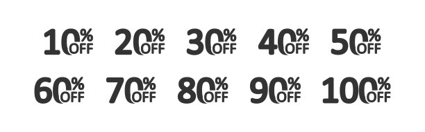 10%， 20%， 30%， 40%， 50%， 60%， 70%， 80%， 90%， 100%折扣图标。黑色促销标签符号。签票市场矢量。图片下载