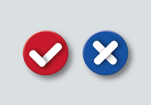 平面圆形按钮集的复选标记与交叉图标和阴影叠加在灰色背景。图片下载