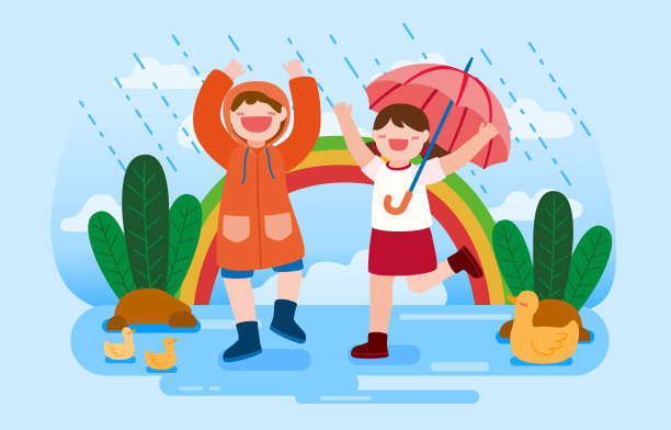 男孩和女孩喜欢玩雨卡通矢量图片下载