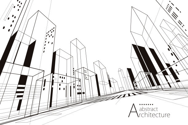 建筑建筑施工图设计，抽象现代城市建筑线描。图片下载