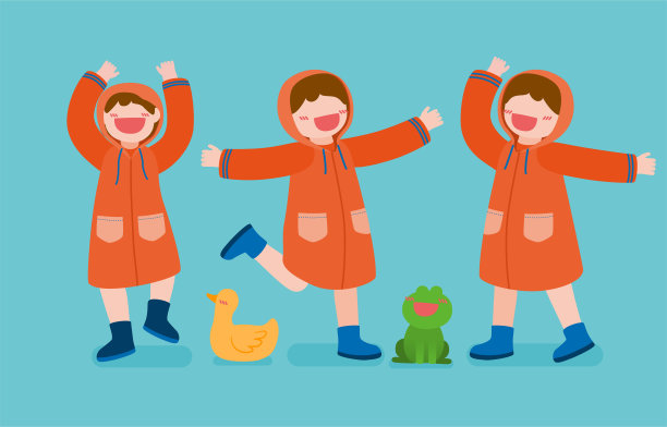 束快乐女孩穿着雨衣卡通人物矢量图片下载