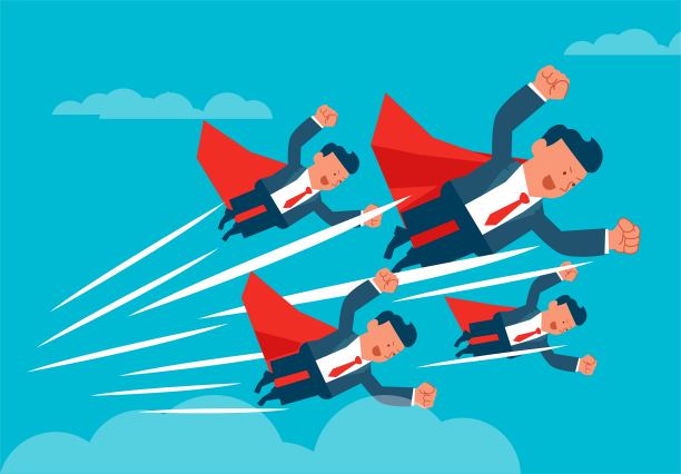 四个商人身披披风，一起在天空飞翔，成功而自信的商人和团队图片下载