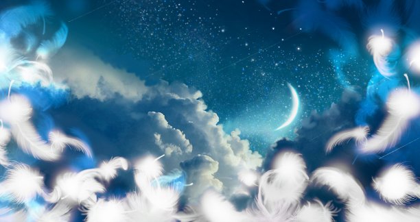 神秘的背景，蓬松的白色天使翅膀和蓝色的夜空与新月和星星图片下载