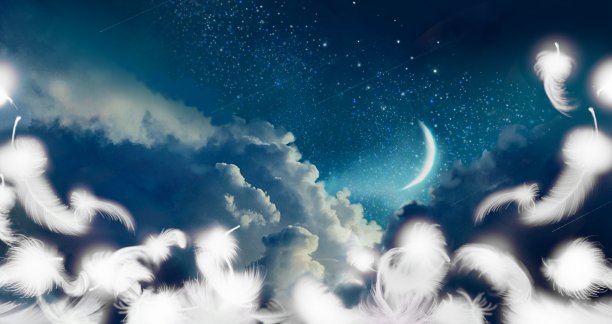 神秘的背景，蓬松的白色天使翅膀和蓝色的夜空与新月和星星图片下载