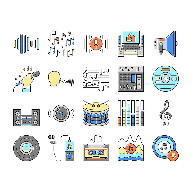 音乐唱片工作室设备图标设置向量图片下载