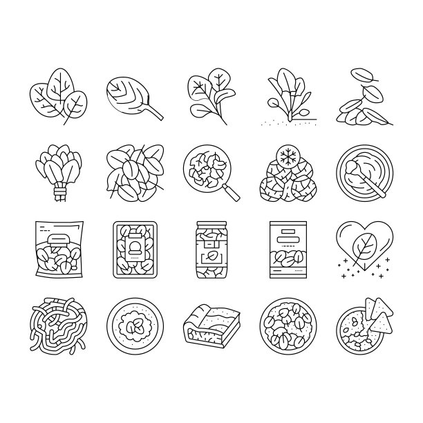 菠菜健康饮食成分图标设置向量图片下载