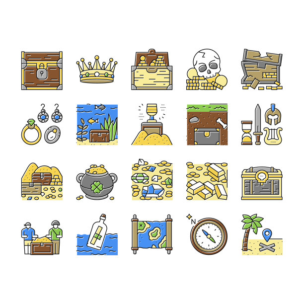 珍宝黄金珠宝在胸部图标集向量图片下载