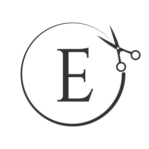 沙龙和理发标志上的字母E标志。剪刀图标与标志类型概念图片下载