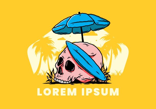 沙滩伞下的冲浪板和头骨的插图图片下载