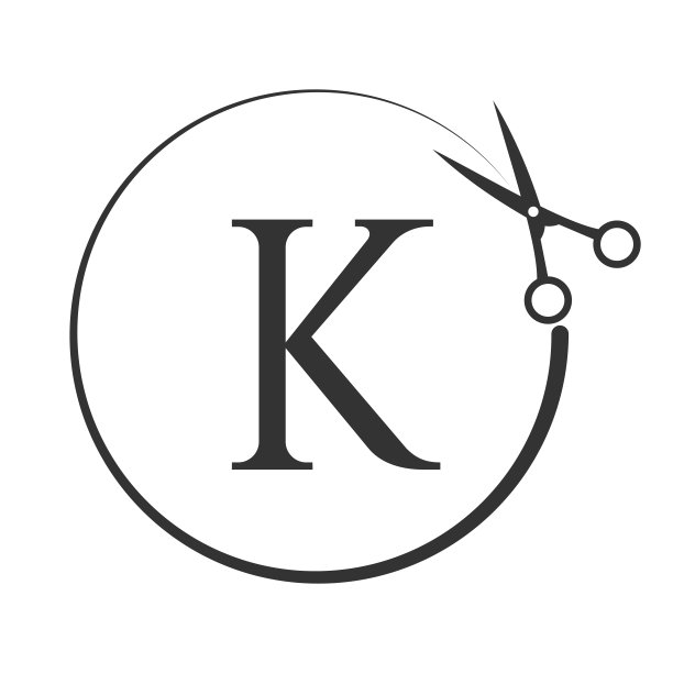 沙龙和理发标志上的字母K标志。剪刀图标与标志类型概念图片下载