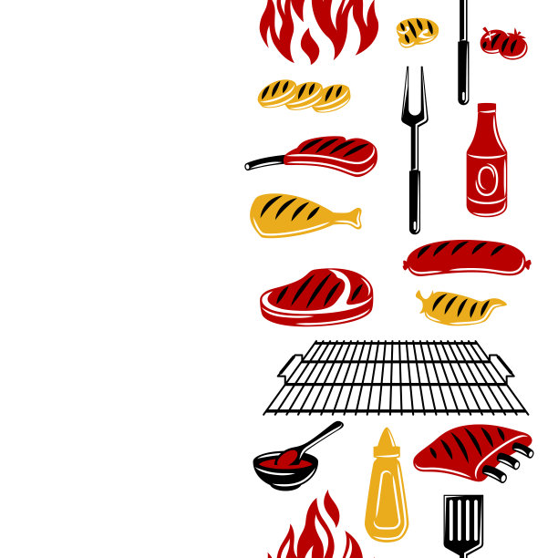 烧烤与烧烤对象和图标无缝模式。程式化的厨房和餐厅项目。图片下载