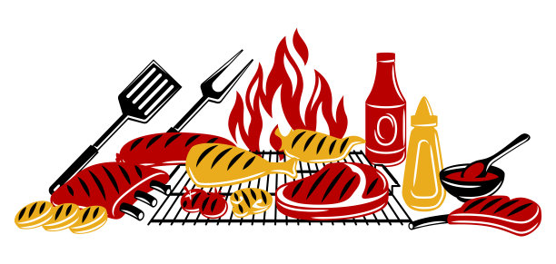 烧烤背景与烧烤对象和图标。程式化的厨房和餐厅项目。图片下载