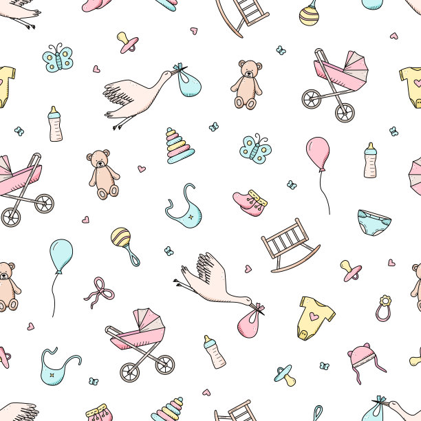 无缝模式新生儿图标集。为一个小婴儿元素的矢量插图。婴儿车，婴儿用品，拨浪鼓，泰迪熊等等图片下载