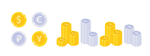 成堆的金和银货币硬币，美元，欧元，卢布和日元孤立的白色背景。财富,钱图片下载